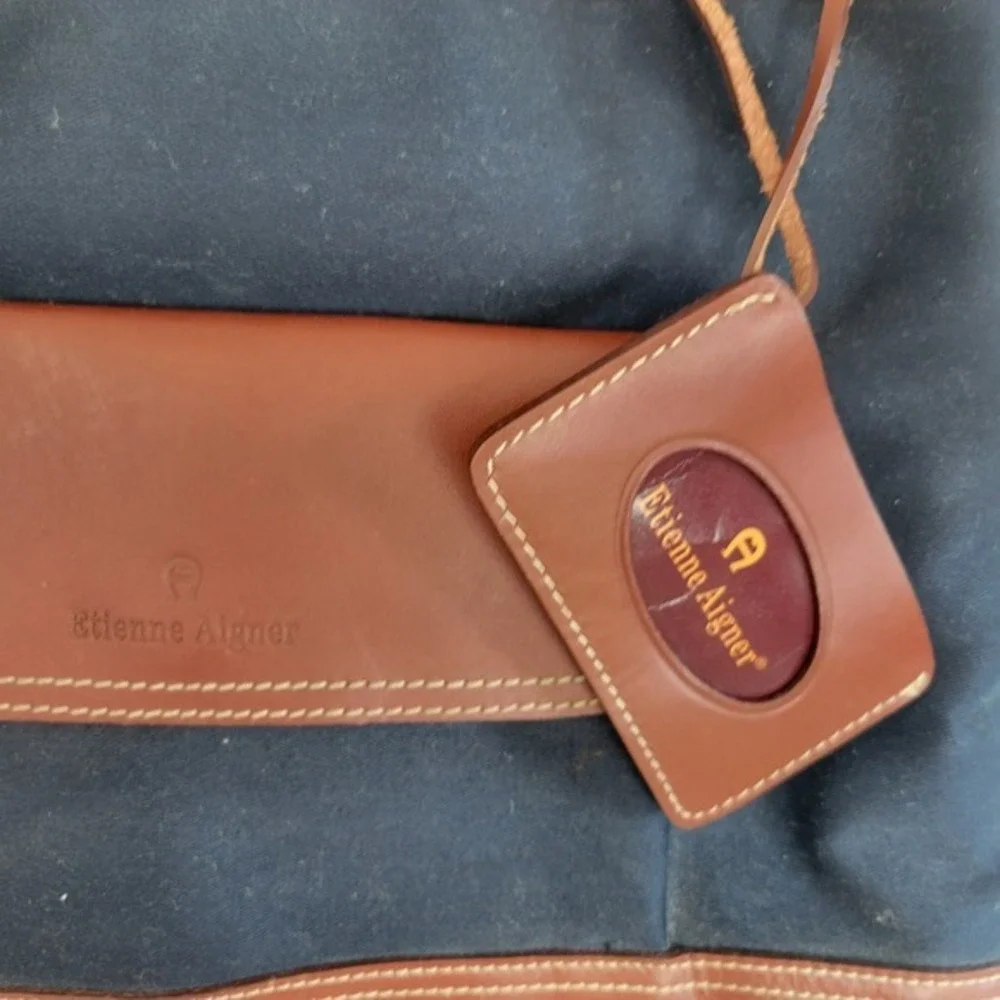 Etienne Aigner Canvas Shoulder Tote Bag Purse Navy Blue Brown‎